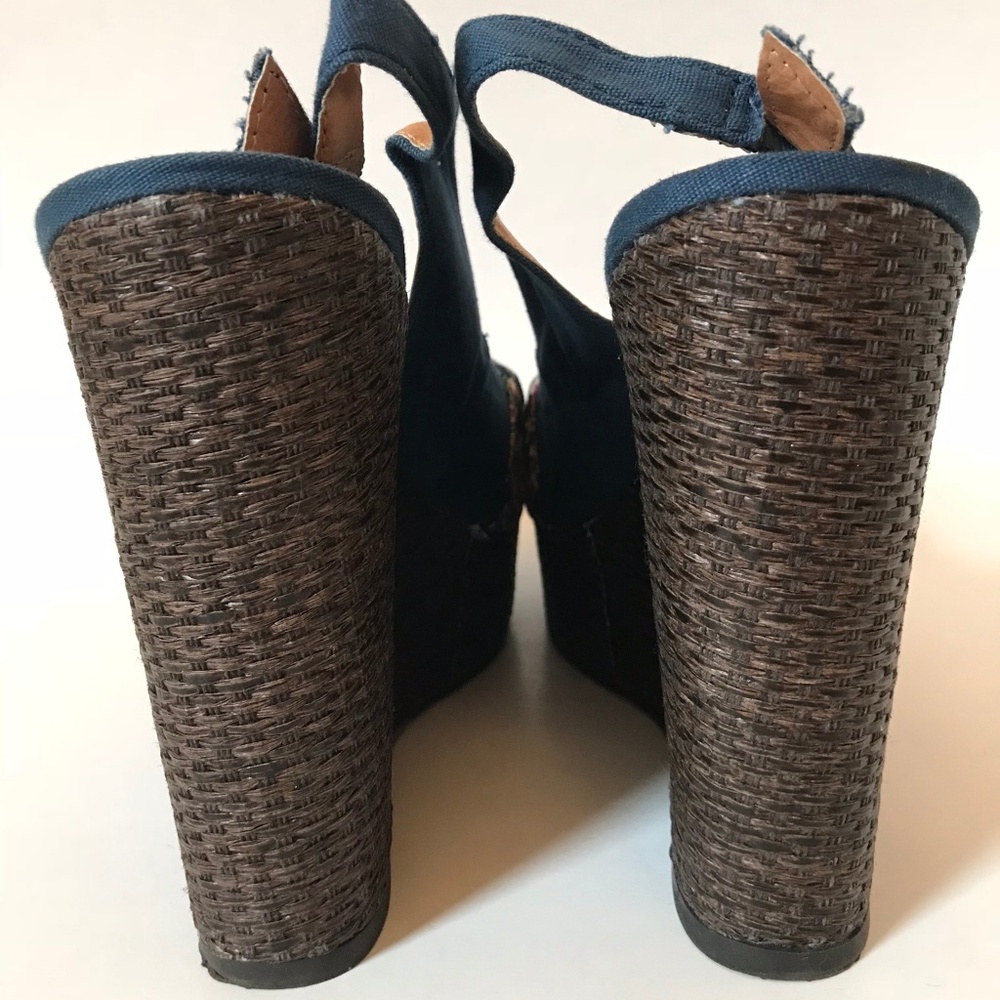 Qupid Blue Canvas Bow Slingback Wedge - Picture 2 of 8